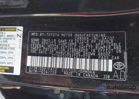 2007 Toyota Matrix из США, поврежденный, VIN 2T1KR32E87C677578